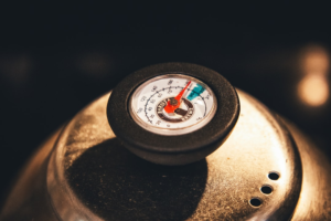 Instant-read meat thermometer checking temperature during grilling
